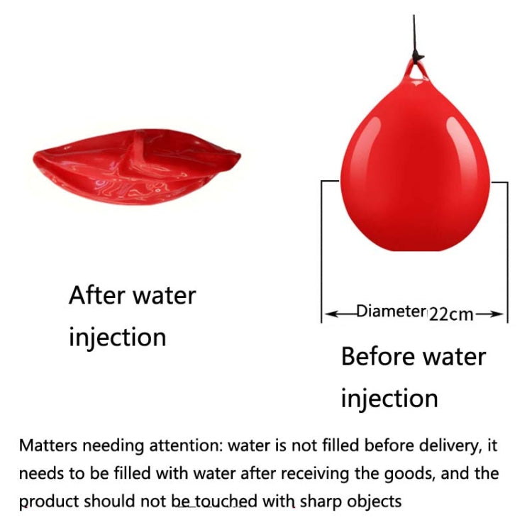 Red water-filled hanging punching bag, shown with valve opening