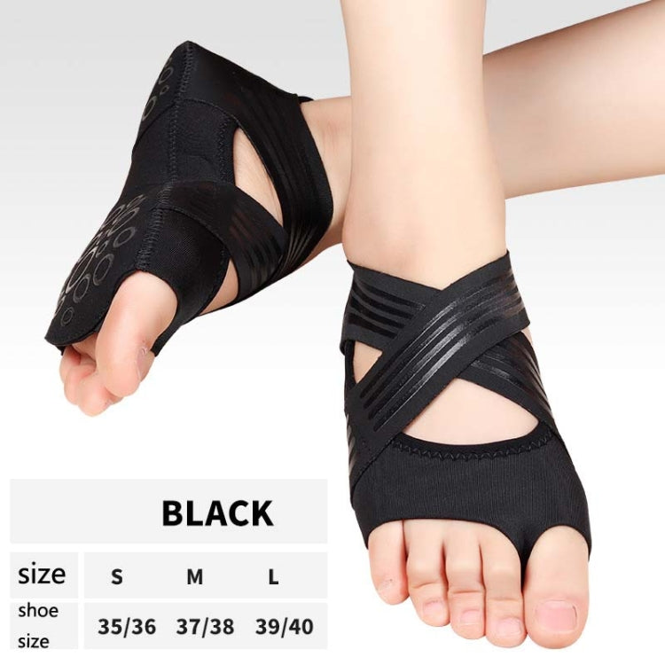 Black five-toe yoga shoes with striped toe cutout and stretchy upper