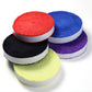 Assorted terry racket sweat band rolls in red, blue, purple, black, and yellow