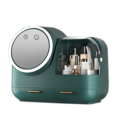 Green desktop makeup storage box with round mirror, LED ring light, and front drawers