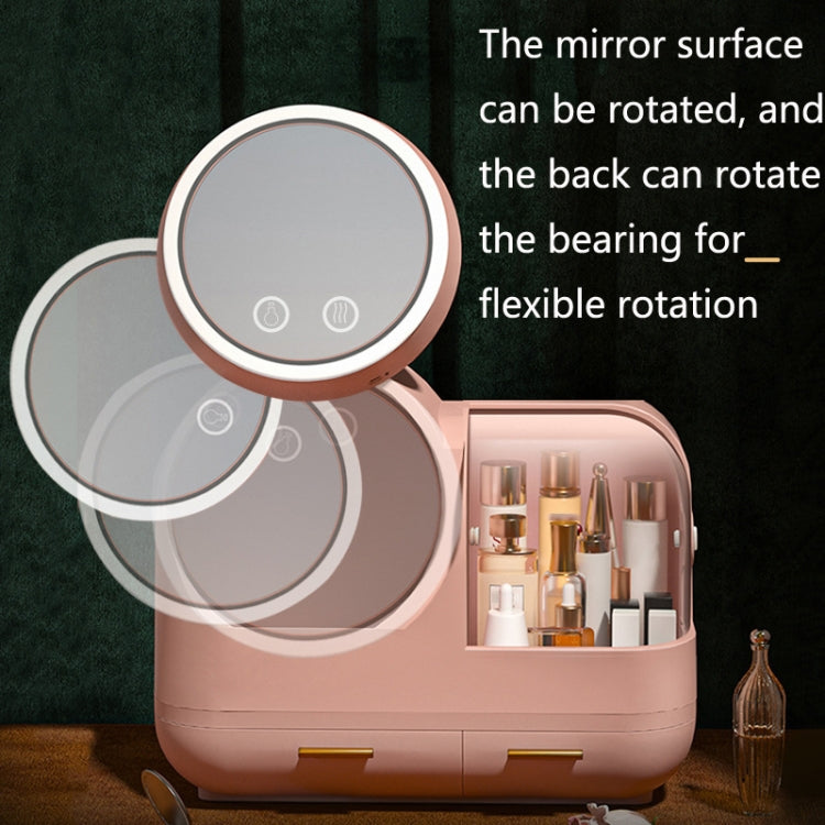 Pink desktop makeup storage box with rotating mirrors and LED light, open storage