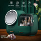 Green makeup storage box with oval LED mirror and dustproof drawer