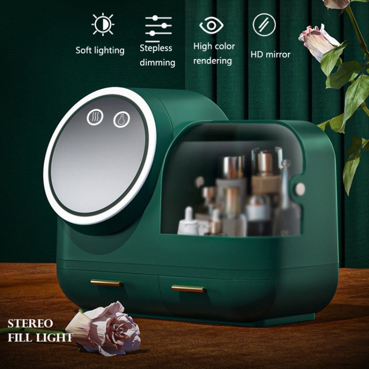 Green makeup storage box with oval LED mirror and dustproof drawer
