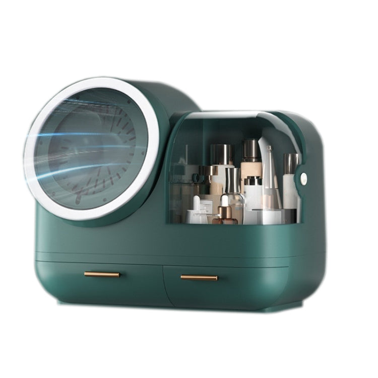 Green desktop makeup storage box with fan-style vent, round mirror, and LED ring light