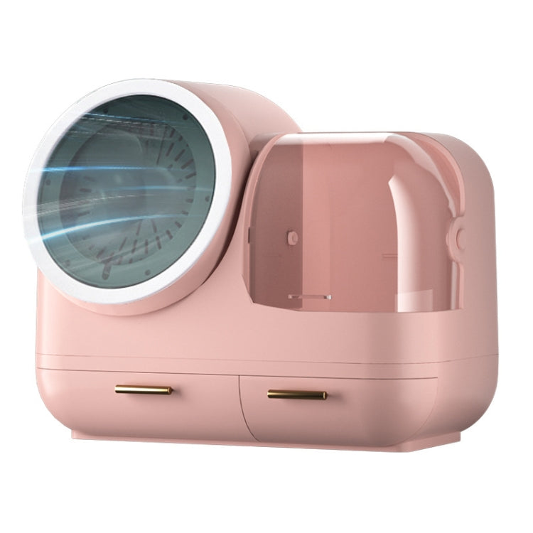 Pink desktop makeup storage box with fan-style vent, round mirror, and LED ring light