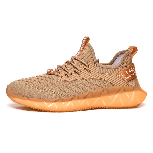 Men's lightweight mesh sneaker, tan lace-up knit upper, orange glow sole