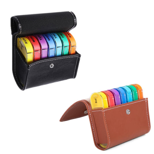 Notebook-Style 28-Compartment Portable Pill Box&Leather Bag, Black, Brown