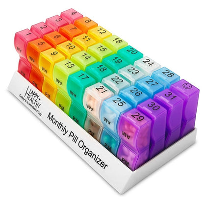 Colorful 31-compartment plastic monthly pill organizer with numbered slots and lids