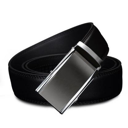 Black men’s two-layer leather belt with silver automatic buckle, polished metal plate.