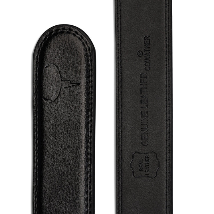Black leather belt end with embossed brand marking and stitched texture.