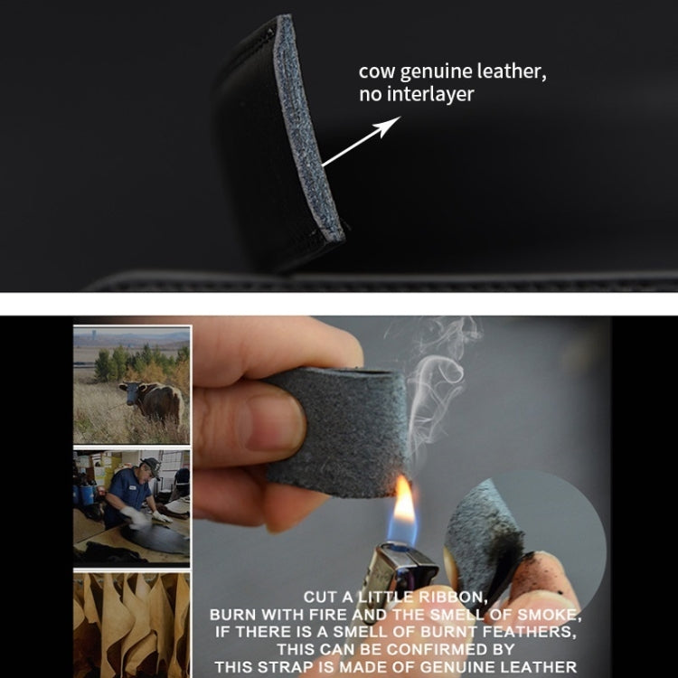 Black leather belt material close-up with edge thickness and hand holding flame test.