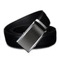 Black leather business belt with silver automatic buckle and smooth end panel.
