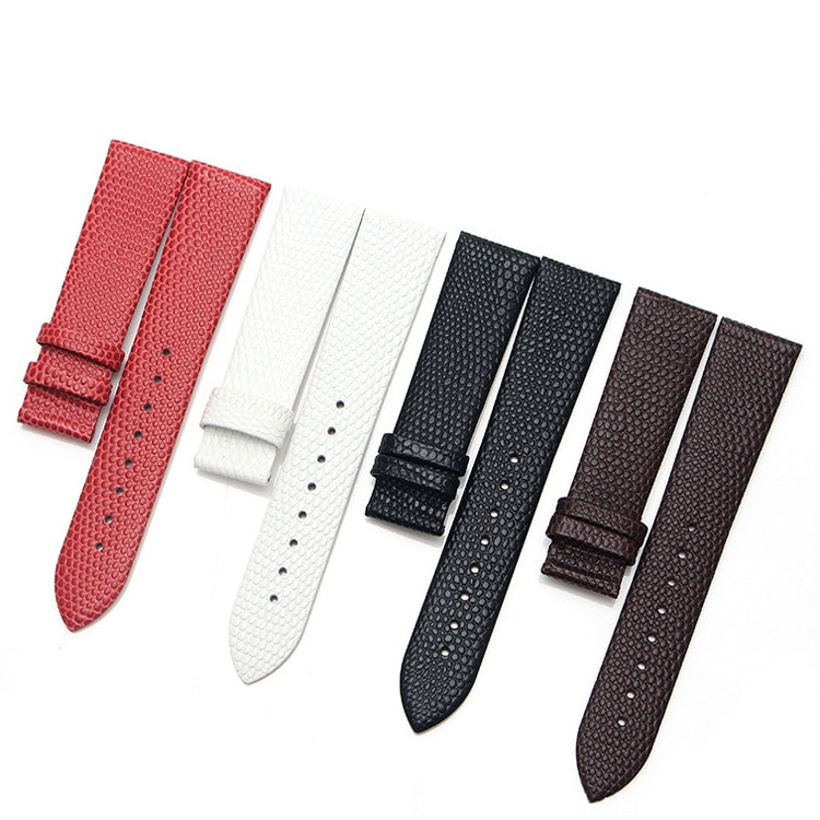 Calfskin lizard-pattern watch straps with pin buckles in red, white, black, and brown