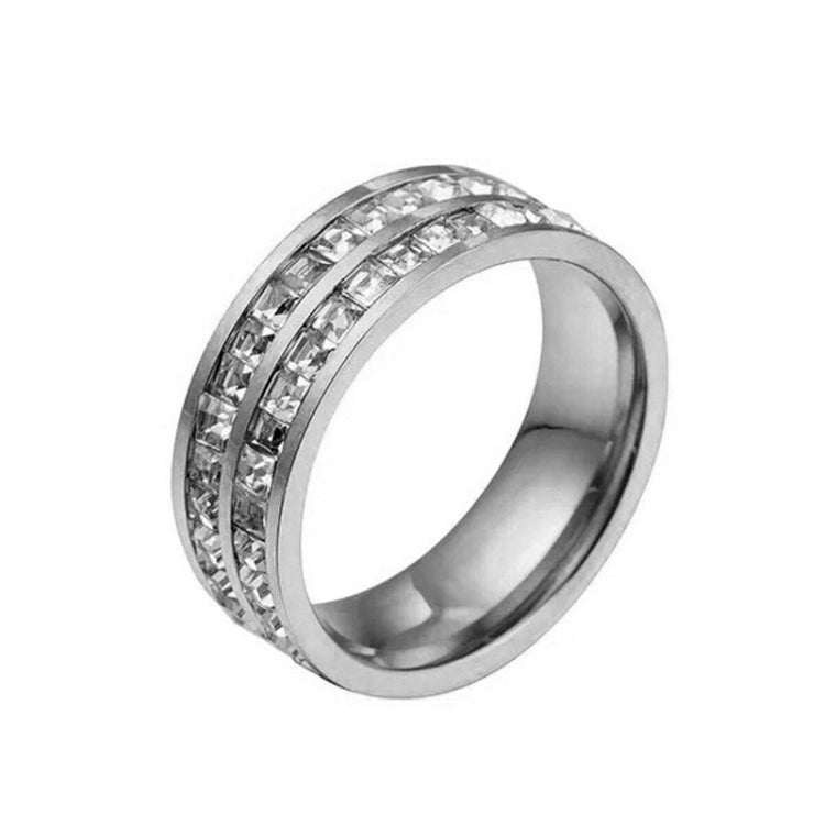 Girls titanium steel diamond ring, silver tone, bright stones around the band