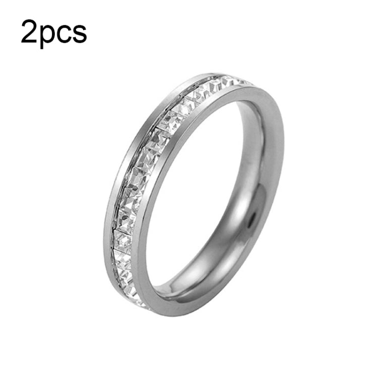 2-piece girls titanium steel diamond-look rings, single row stones, silver-tone band