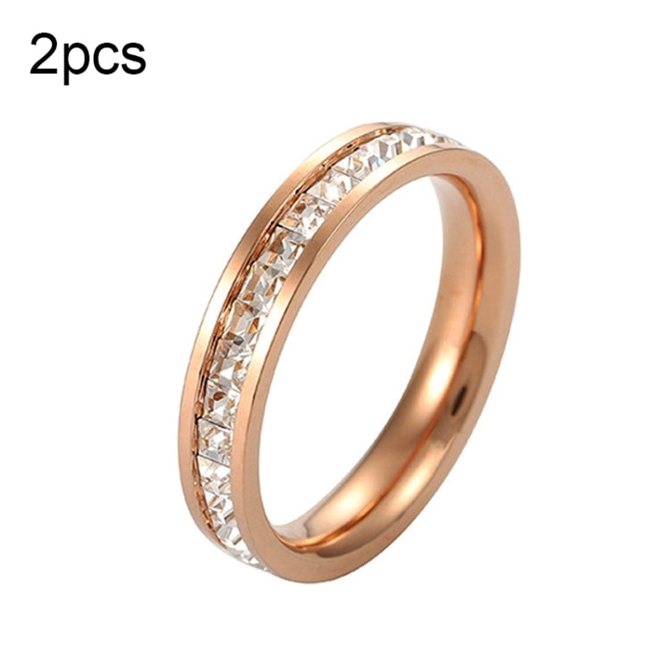 Rose gold girls diamond-accent titanium steel ring, front view with clear stone inlays