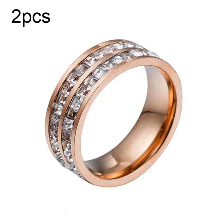 2-piece rose gold titanium steel ring with double rows of clear stones