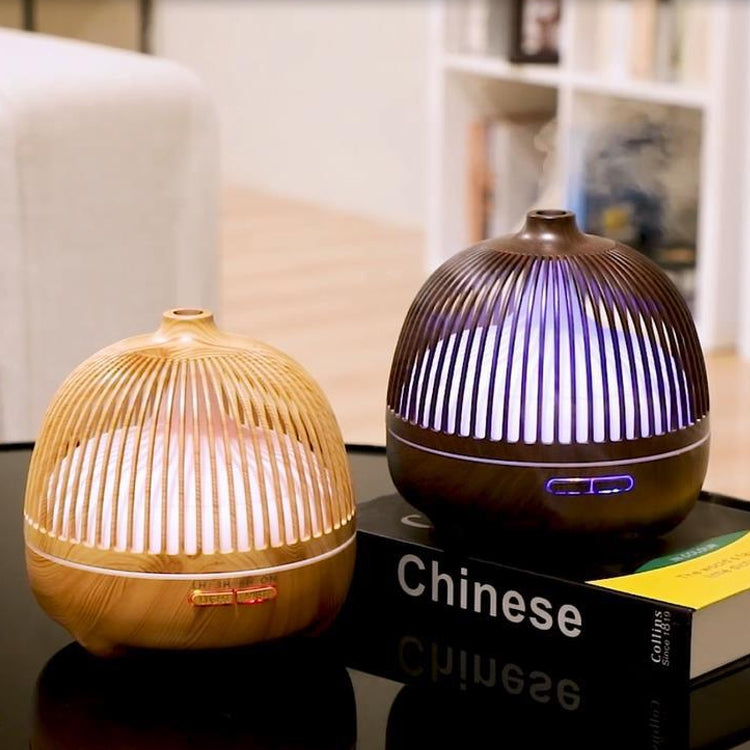 Pair of bird-cage ultrasonic aromatherapy humidifiers in light and dark wood