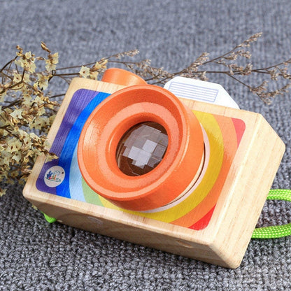 Wooden mini cartoon camera kaleidoscope toy with rainbow stripes and orange ring lens