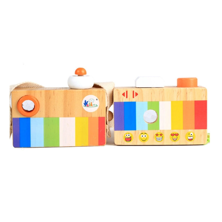 Wooden camera kaleidoscope toy pair with multicolor stripes and orange lens accents