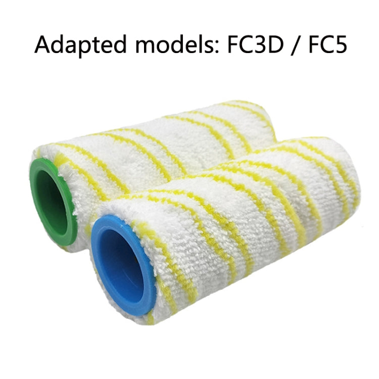Pair of washing machine cleaning roller brushes, white with yellow stripes, green and blue cores