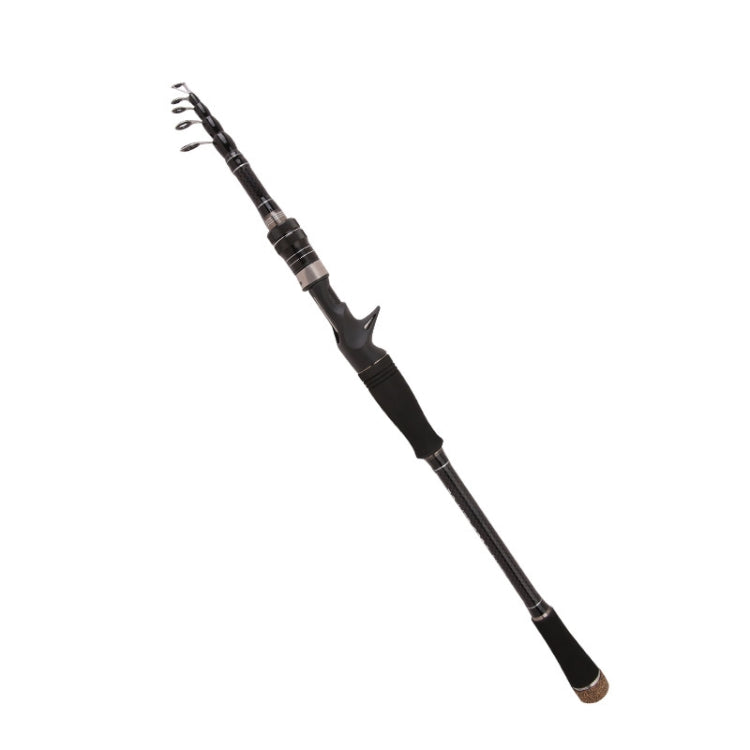 Telescopic casting rod with carbon-look blank, curved black handle, and line guides at tip