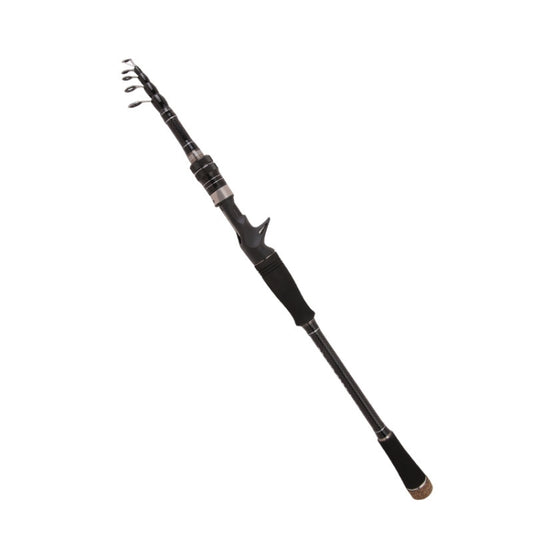 Telescopic casting rod with carbon-look blank, curved black handle, and line guides at tip