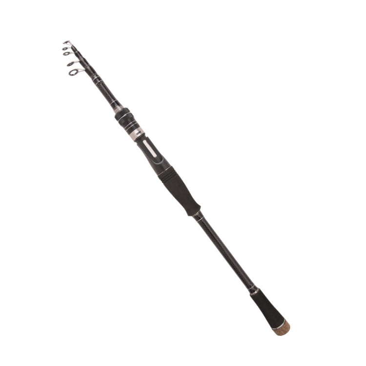 Telescopic casting rod with carbon-look blank, straight black handle grip, and line guides at tip