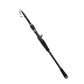 Telescopic casting rod with carbon-look blank, curved black handle pad, and tip line guides