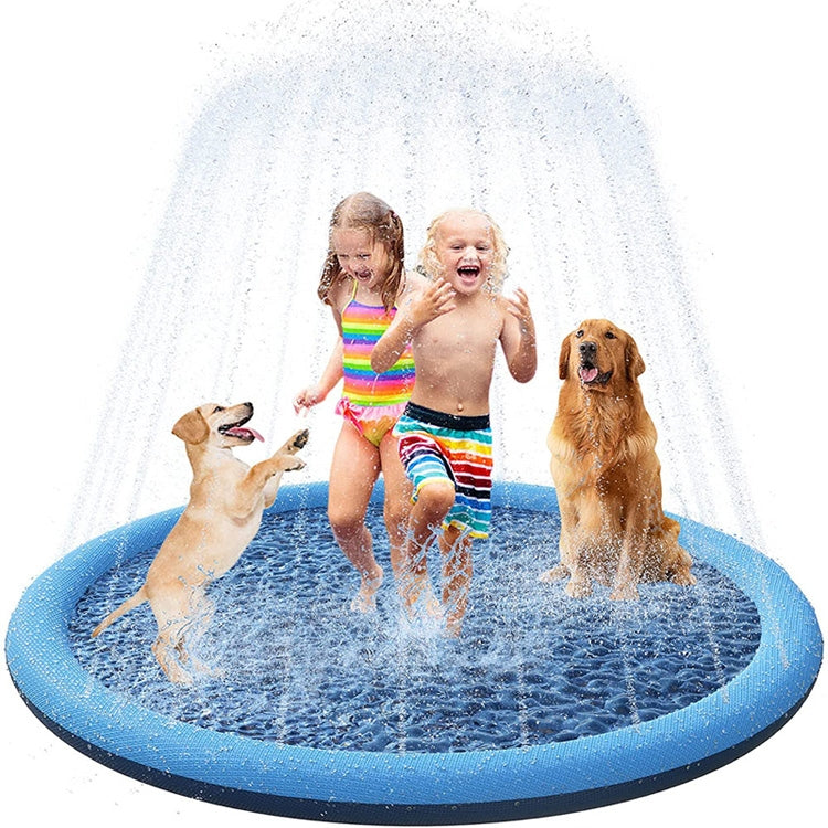 Blue PVC pet sprinkler mat with water spray, children and dogs playing on the pool surface.