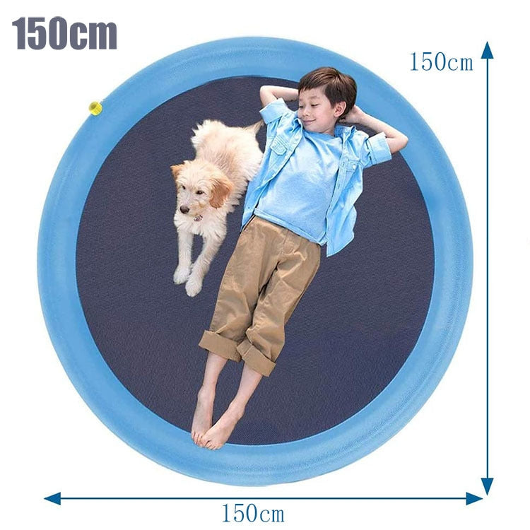 Blue PVC sprinkler mat, 150cm diameter, round pool with dark inner surface and water ports.