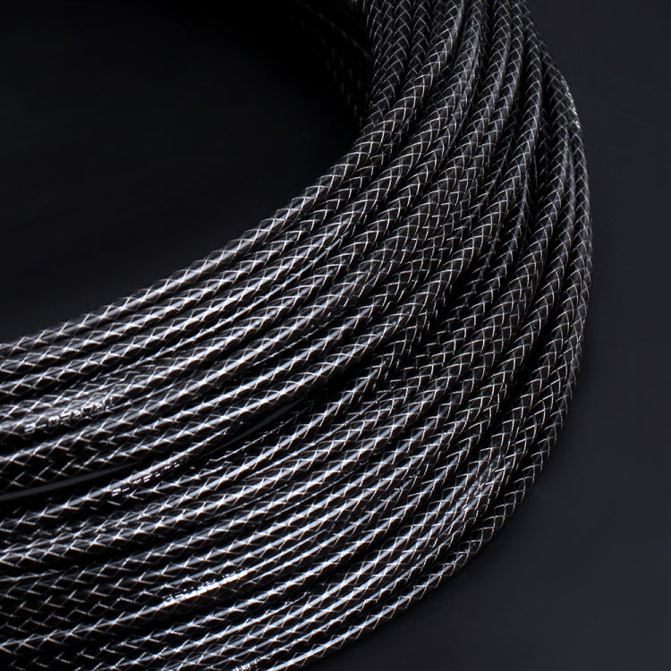 5mm braided cable tube, black with silver-thread weave, close-up of coiled strands