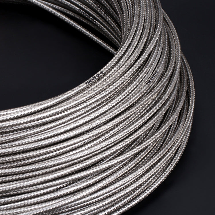 5mm braided cable tube, silver-gray, close-up of coiled braided strands