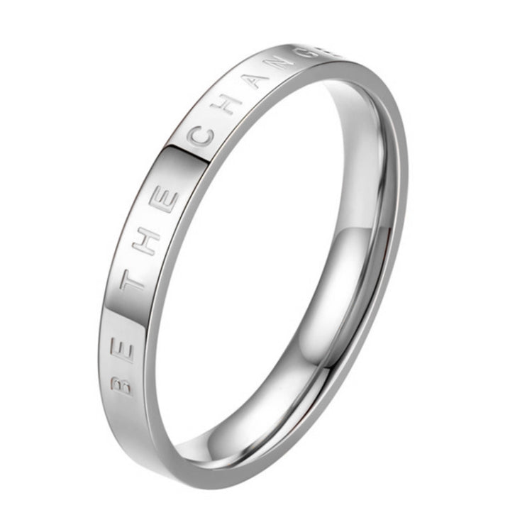 Narrow electroplated titanium steel ring, silver tone, engraved inner text.