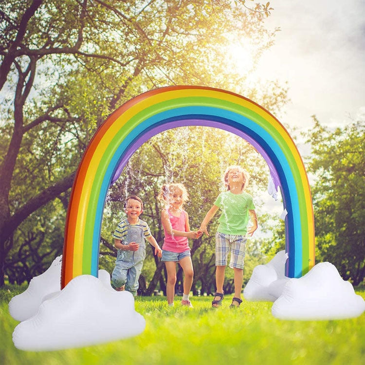 Inflatable rainbow arch sprinkler with white cloud bases and open center for kids playing