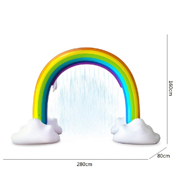 Inflatable rainbow arch sprinkler with white cloud feet, spraying water from the center