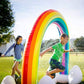 Inflatable rainbow arch sprinkler with multicolor tubes, white cloud bases, and water spray