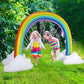 Inflatable rainbow arch sprinkler with multicolor arch, white cloud bases, and water spray