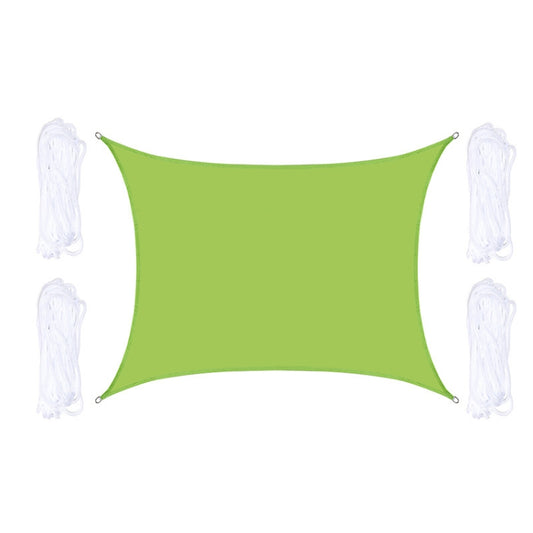 Green outdoor shade sail with corner grommets and white hanging ropes