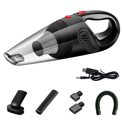 Handheld car vacuum cleaner, black and gray body with red power buttons