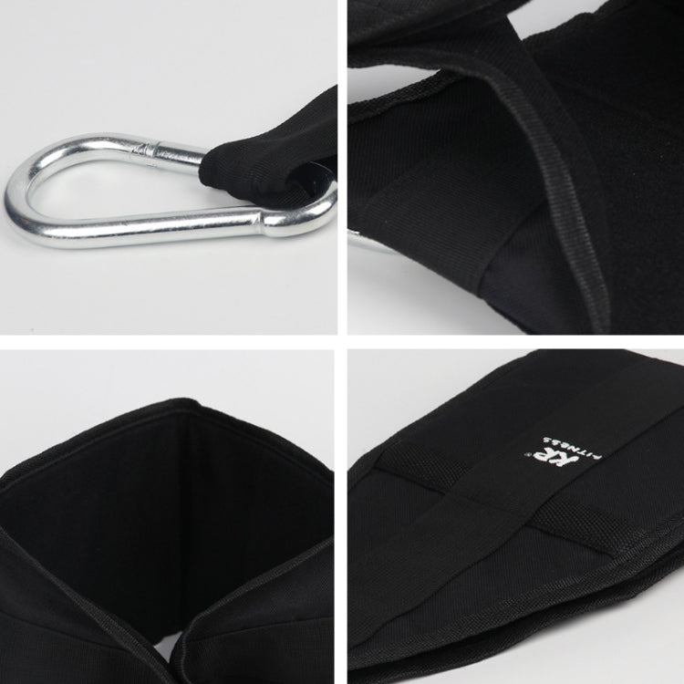 Black adjustable webbing strap with metal hook and stitched label