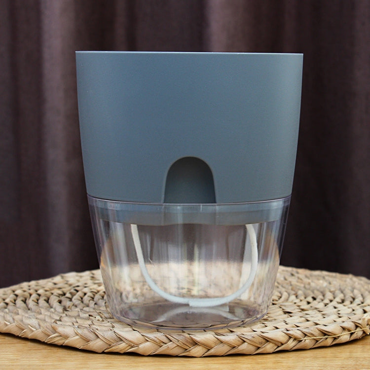 Gray transparent double-layer plastic flowerpot with water reservoir and top opening