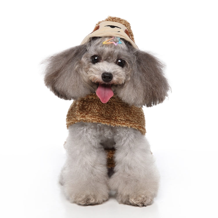 Brown sloth pet costume with hood, cartoon face patch and rainbow detail