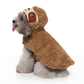 Brown sloth pet costume dress with hood, side view on small dog