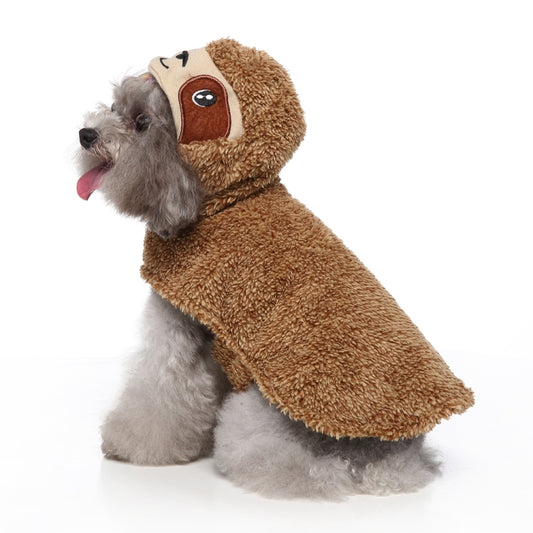 Brown sloth pet costume dress with hood, side view on small dog