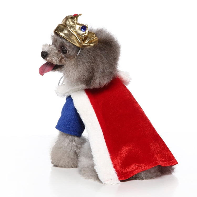 Pet knight cape costume with gold helmet, red-and-white cape, and blue sleeve