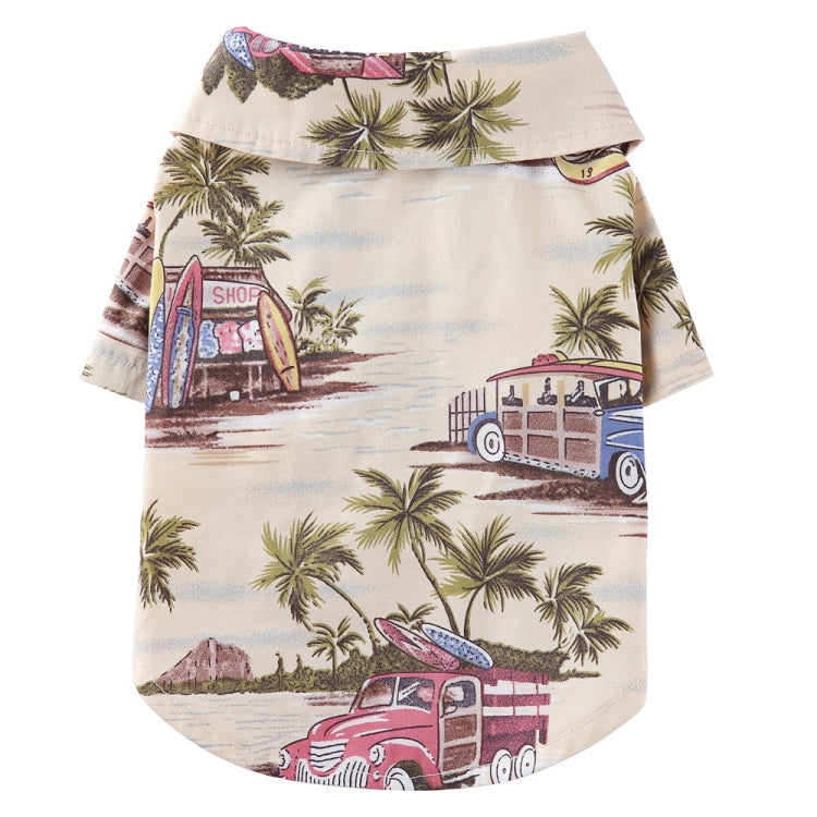 White dog summer shirt with palm trees and beach vehicles print