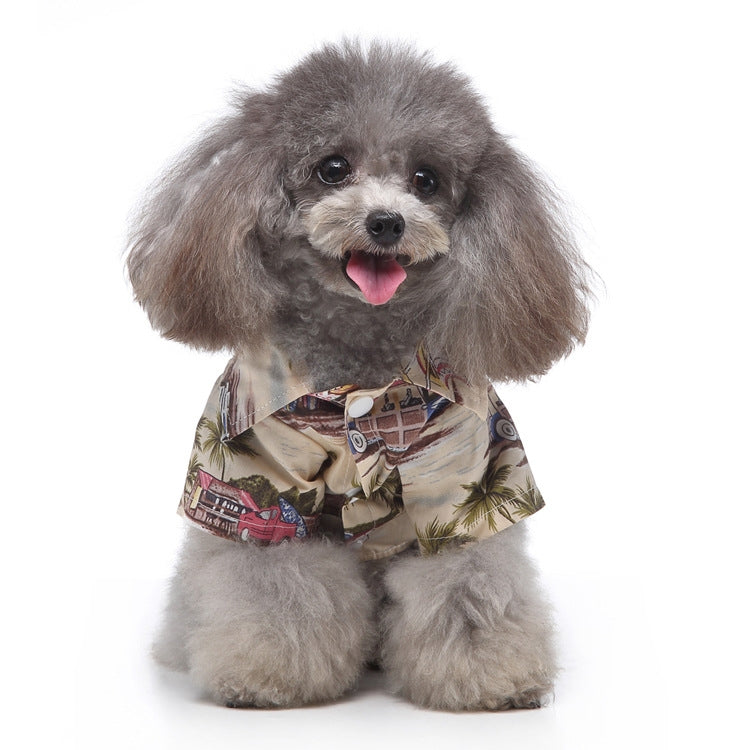 Beige dog summer shirt with palm trees and red truck print