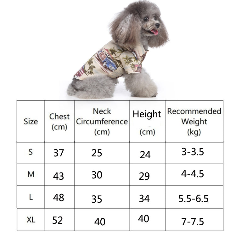Dog shirt size chart with chest, neck, height, recommended weight