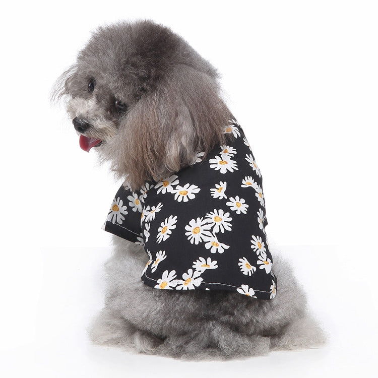 Dog beach shirt in black with white daisy print and short sleeves